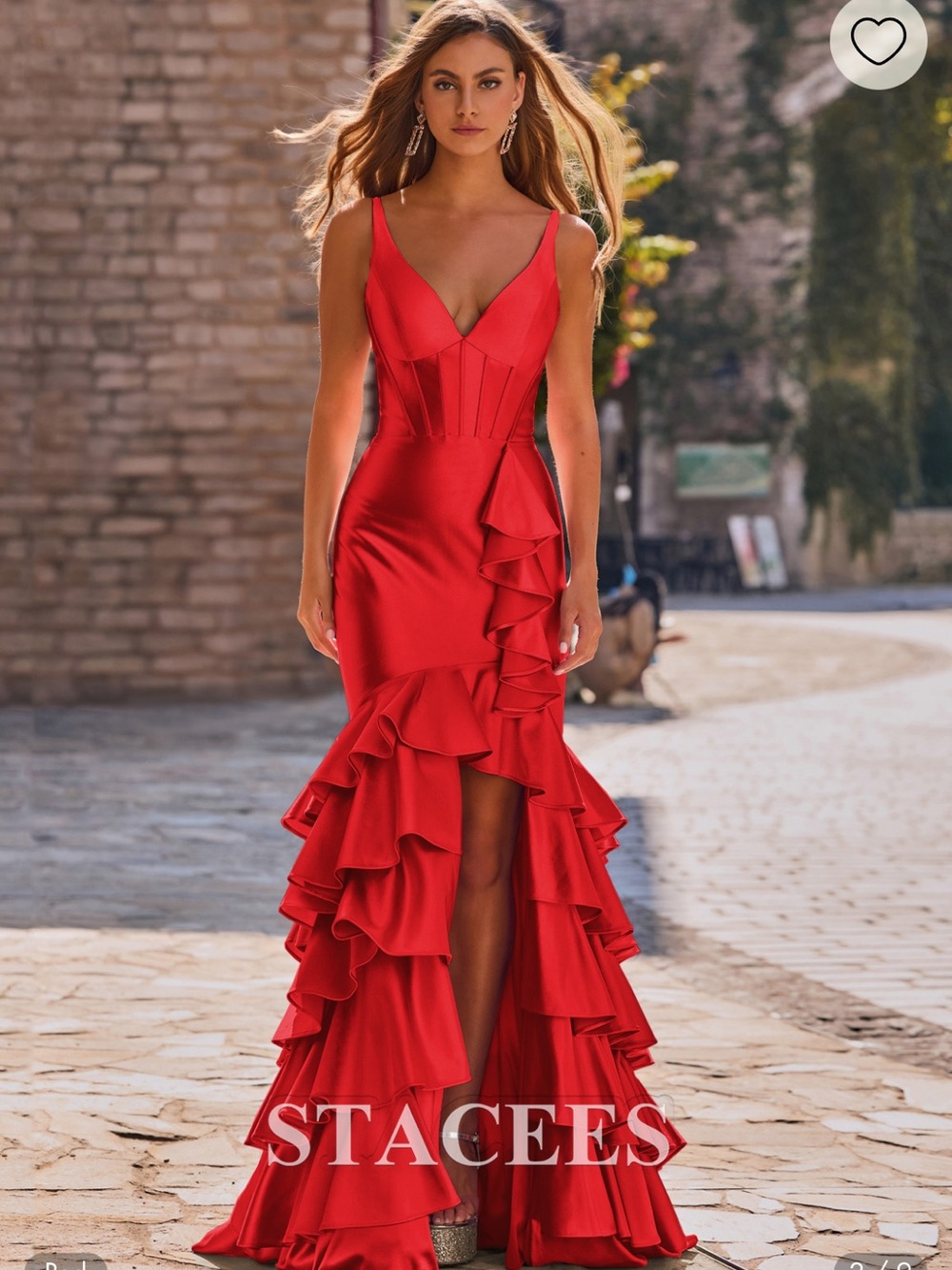 Stacee’s Mermaid V Neck Slinky Satin Fitted Ruffle Slit Prom Dress BNWT